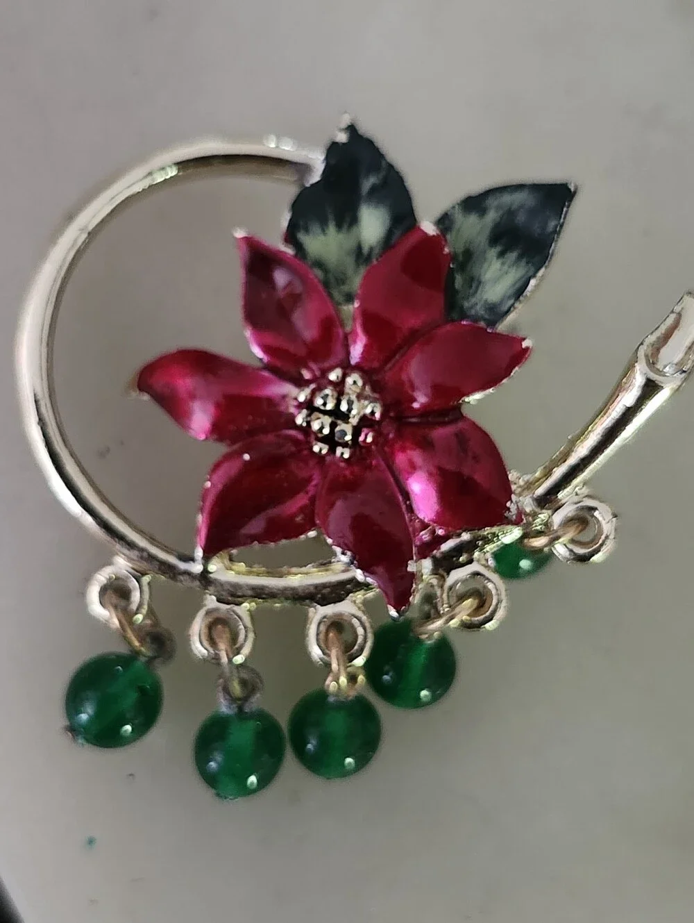 Gold-Tone Pink Flower and Green Bead Women's Brooch